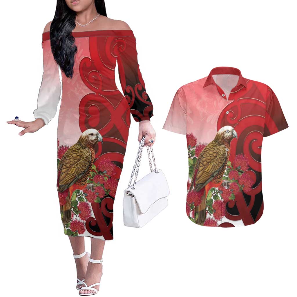 New Zealand Parrot Kaka Couples Matching Off The Shoulder Long Sleeve Dress and Hawaiian Shirt Maori Koru With Pohutukawa Flowers LT05 Red - Polynesian Pride