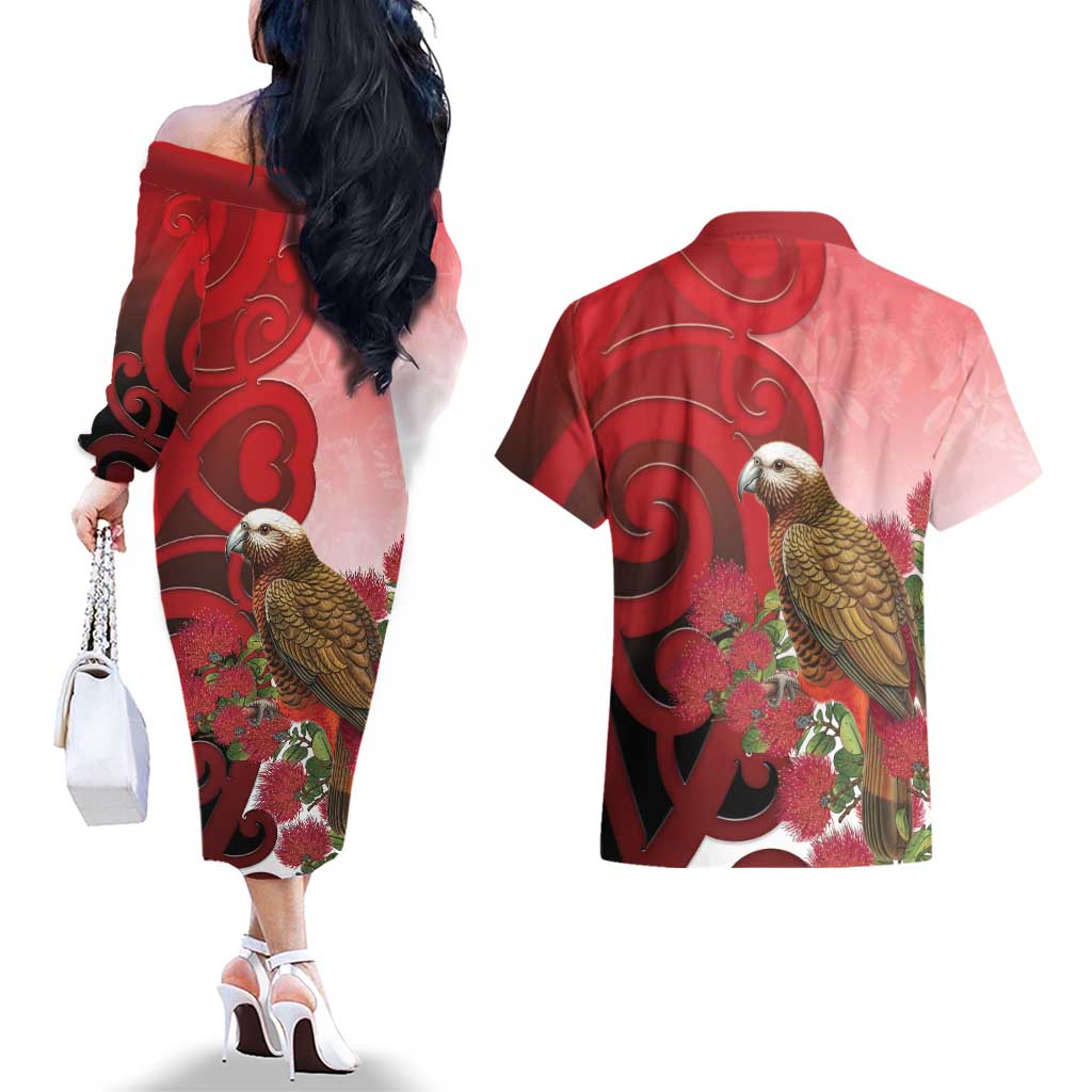 New Zealand Parrot Kaka Couples Matching Off The Shoulder Long Sleeve Dress and Hawaiian Shirt Maori Koru With Pohutukawa Flowers LT05 - Polynesian Pride