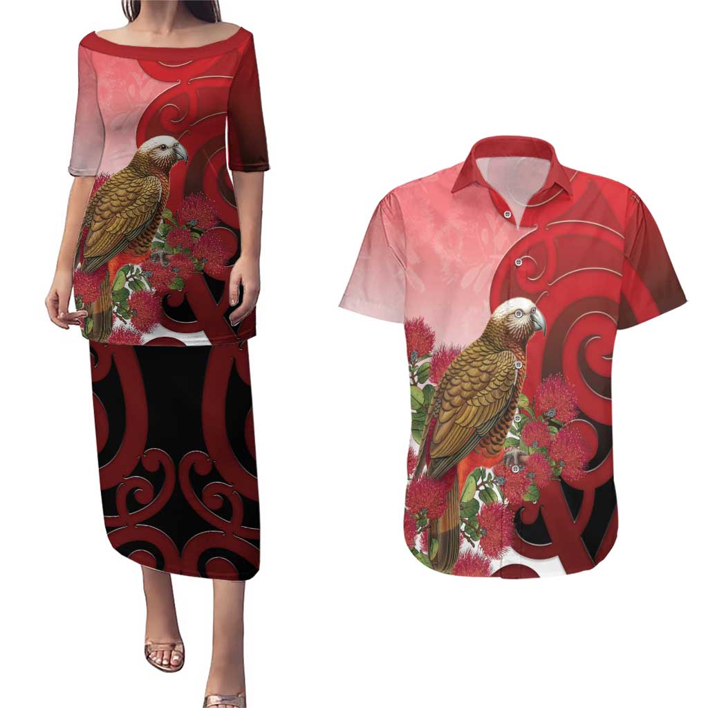 New Zealand Parrot Kaka Couples Matching Puletasi and Hawaiian Shirt Maori Koru With Pohutukawa Flowers LT05 Red - Polynesian Pride