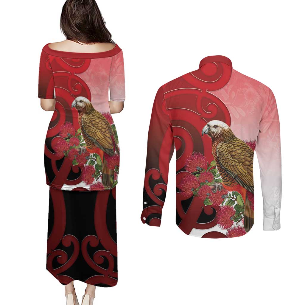 New Zealand Parrot Kaka Couples Matching Puletasi and Long Sleeve Button Shirt Maori Koru With Pohutukawa Flowers LT05 - Polynesian Pride