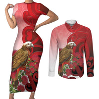 New Zealand Parrot Kaka Couples Matching Short Sleeve Bodycon Dress and Long Sleeve Button Shirt Maori Koru With Pohutukawa Flowers LT05 Red - Polynesian Pride