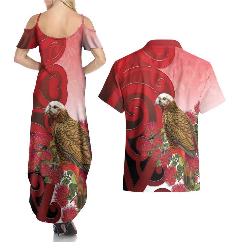 New Zealand Parrot Kaka Couples Matching Summer Maxi Dress and Hawaiian Shirt Maori Koru With Pohutukawa Flowers LT05 - Polynesian Pride