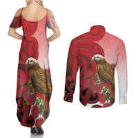 New Zealand Parrot Kaka Couples Matching Summer Maxi Dress and Long Sleeve Button Shirt Maori Koru With Pohutukawa Flowers LT05 - Polynesian Pride