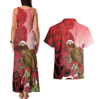 New Zealand Parrot Kaka Couples Matching Tank Maxi Dress and Hawaiian Shirt Maori Koru With Pohutukawa Flowers LT05 - Polynesian Pride