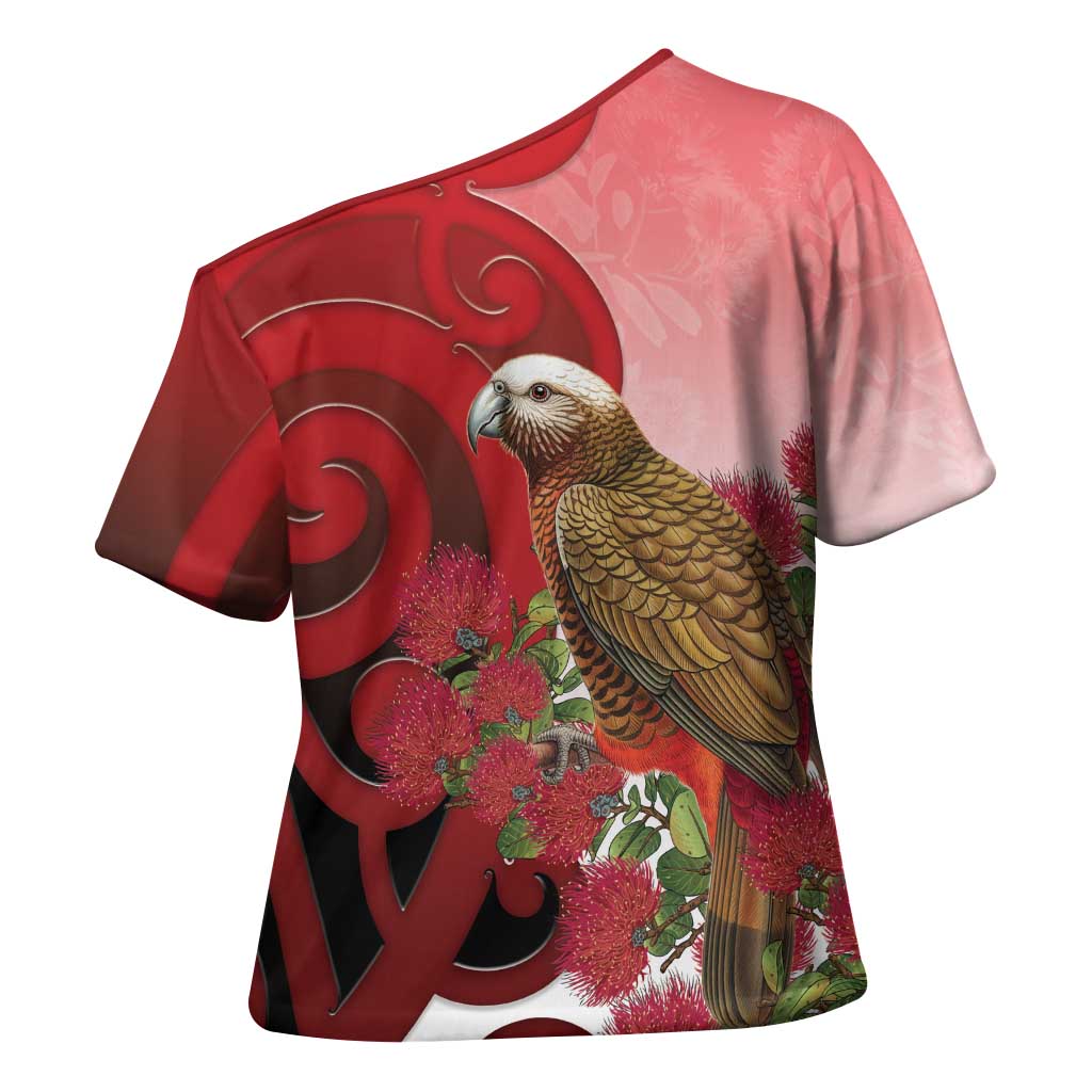 New Zealand Parrot Kaka Cross Shoulder Shirt Maori Koru With Pohutukawa Flowers - Polynesian Pride