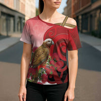New Zealand Parrot Kaka Cross Shoulder Shirt Maori Koru With Pohutukawa Flowers - Polynesian Pride