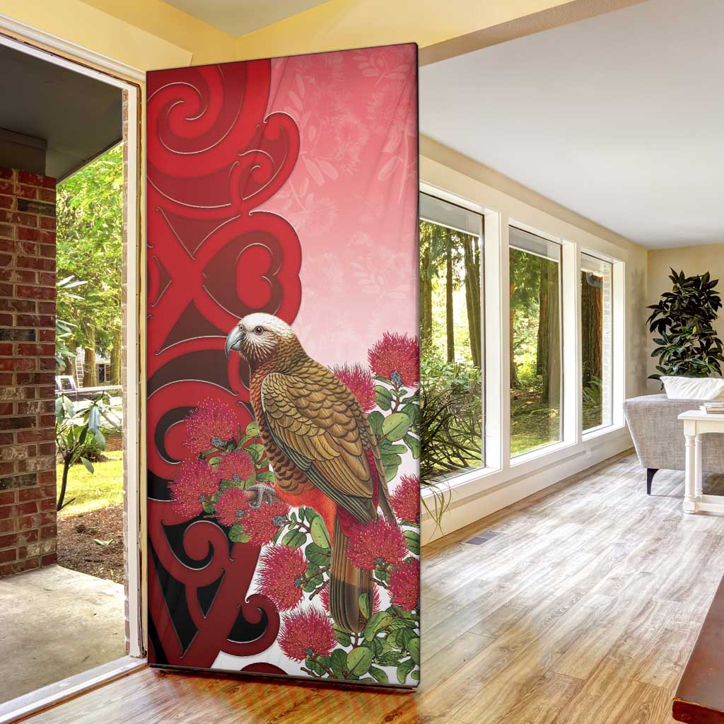 New Zealand Parrot Kaka Door Cover Maori Koru With Pohutukawa Flowers - Polynesian Pride
