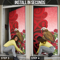 New Zealand Parrot Kaka Door Cover Maori Koru With Pohutukawa Flowers - Polynesian Pride