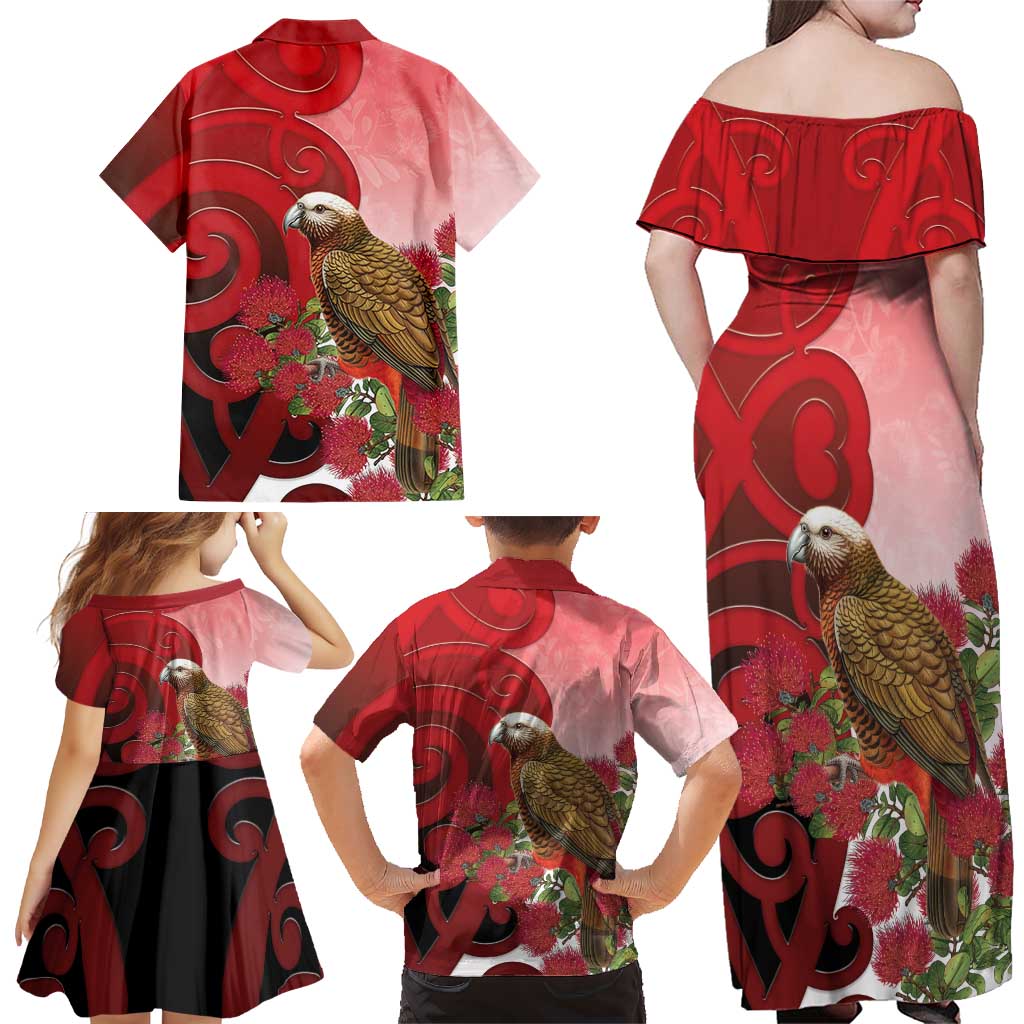 New Zealand Parrot Kaka Family Matching Off Shoulder Maxi Dress and Hawaiian Shirt Maori Koru With Pohutukawa Flowers LT05 - Polynesian Pride