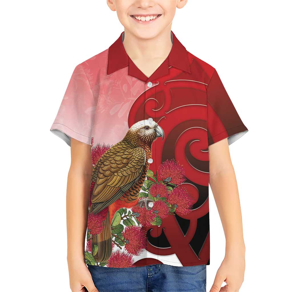 New Zealand Parrot Kaka Family Matching Off Shoulder Short Dress and Hawaiian Shirt Maori Koru With Pohutukawa Flowers LT05 Son's Shirt Red - Polynesian Pride