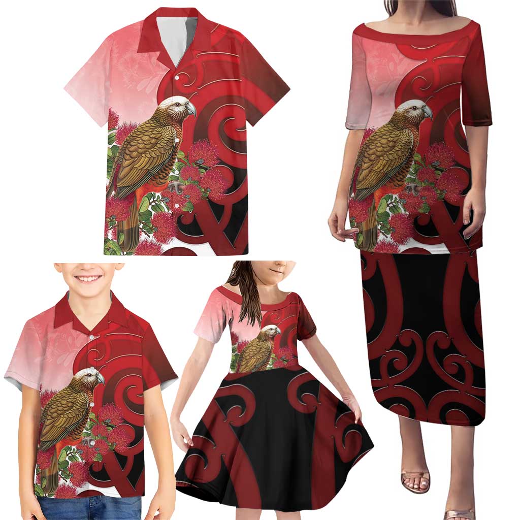 New Zealand Parrot Kaka Family Matching Puletasi and Hawaiian Shirt Maori Koru With Pohutukawa Flowers LT05 - Polynesian Pride