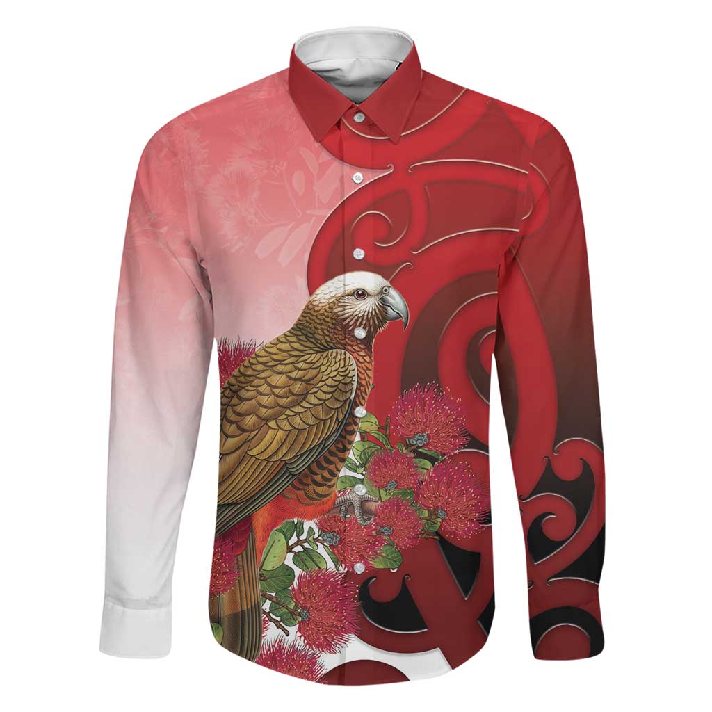 New Zealand Parrot Kaka Family Matching Puletasi and Hawaiian Shirt Maori Koru With Pohutukawa Flowers LT05 Dad's Shirt - Long Sleeve Red - Polynesian Pride