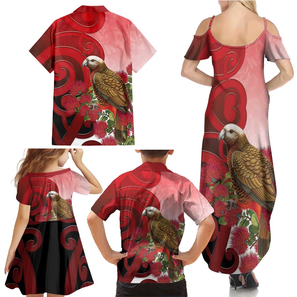 New Zealand Parrot Kaka Family Matching Summer Maxi Dress and Hawaiian Shirt Maori Koru With Pohutukawa Flowers LT05 - Polynesian Pride