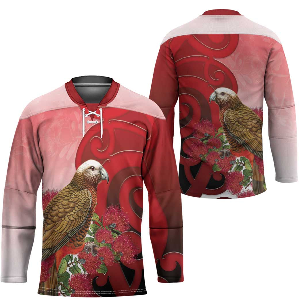 New Zealand Parrot Kaka Hockey Jersey Maori Koru With Pohutukawa Flowers - Polynesian Pride