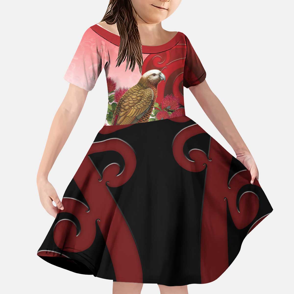 New Zealand Parrot Kaka Kid Short Sleeve Dress Maori Koru With Pohutukawa Flowers - Polynesian Pride
