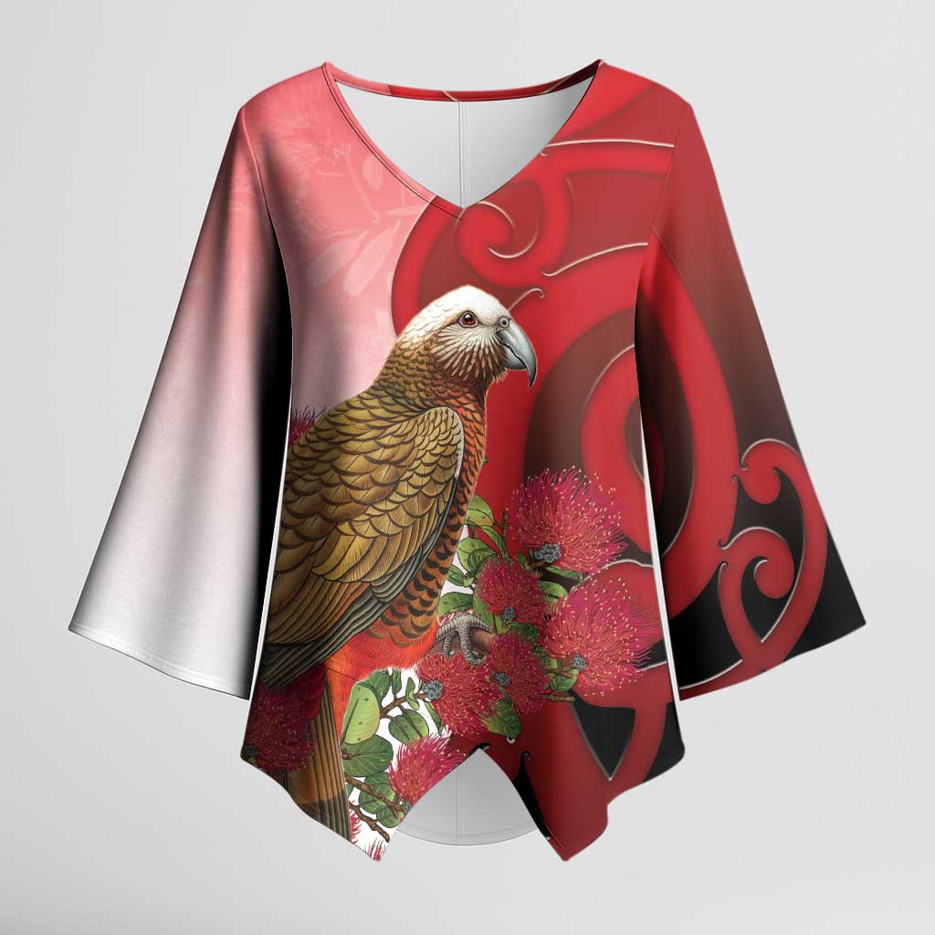 New Zealand Parrot Kaka Kimono Sleeve Blouse Maori Koru With Pohutukawa Flowers - Polynesian Pride