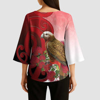 New Zealand Parrot Kaka Kimono Sleeve Blouse Maori Koru With Pohutukawa Flowers - Polynesian Pride