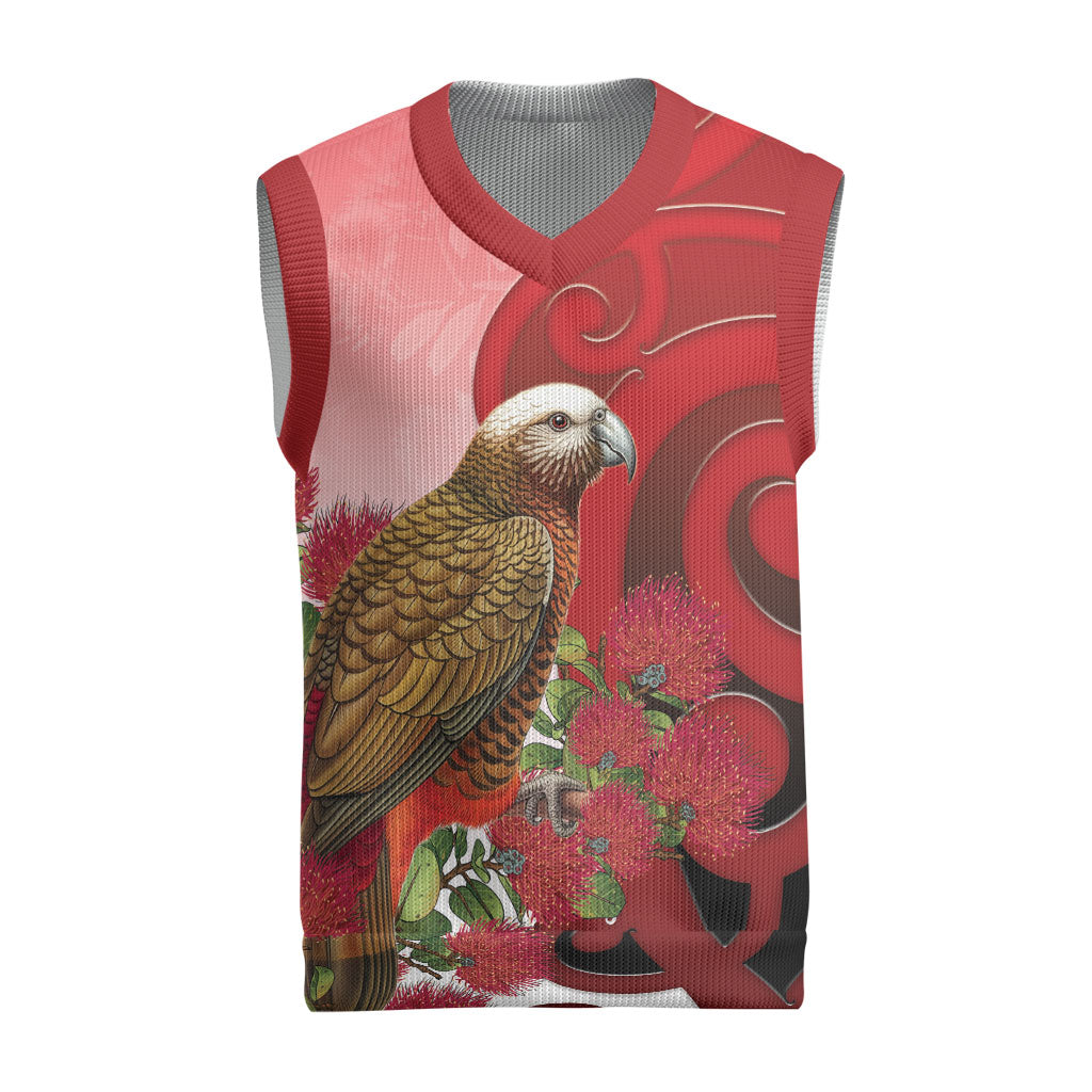 New Zealand Parrot Kaka Christmas Knitted V-Neck Vest Maori Koru With Pohutukawa Flowers LT05 Red - Polynesian Pride