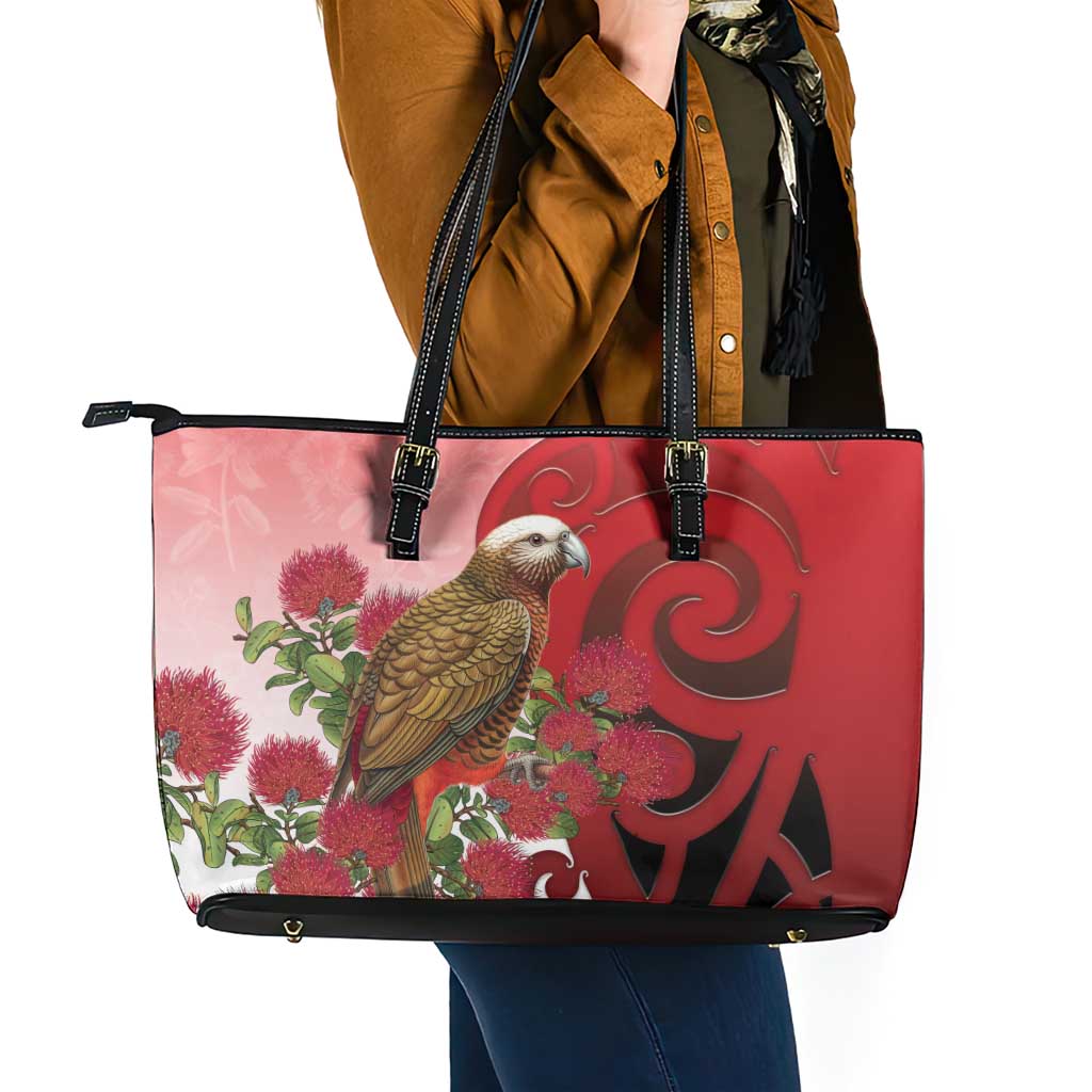New Zealand Parrot Kaka Leather Tote Bag Maori Koru With Pohutukawa Flowers - Polynesian Pride
