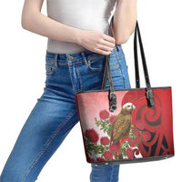 New Zealand Parrot Kaka Leather Tote Bag Maori Koru With Pohutukawa Flowers - Polynesian Pride