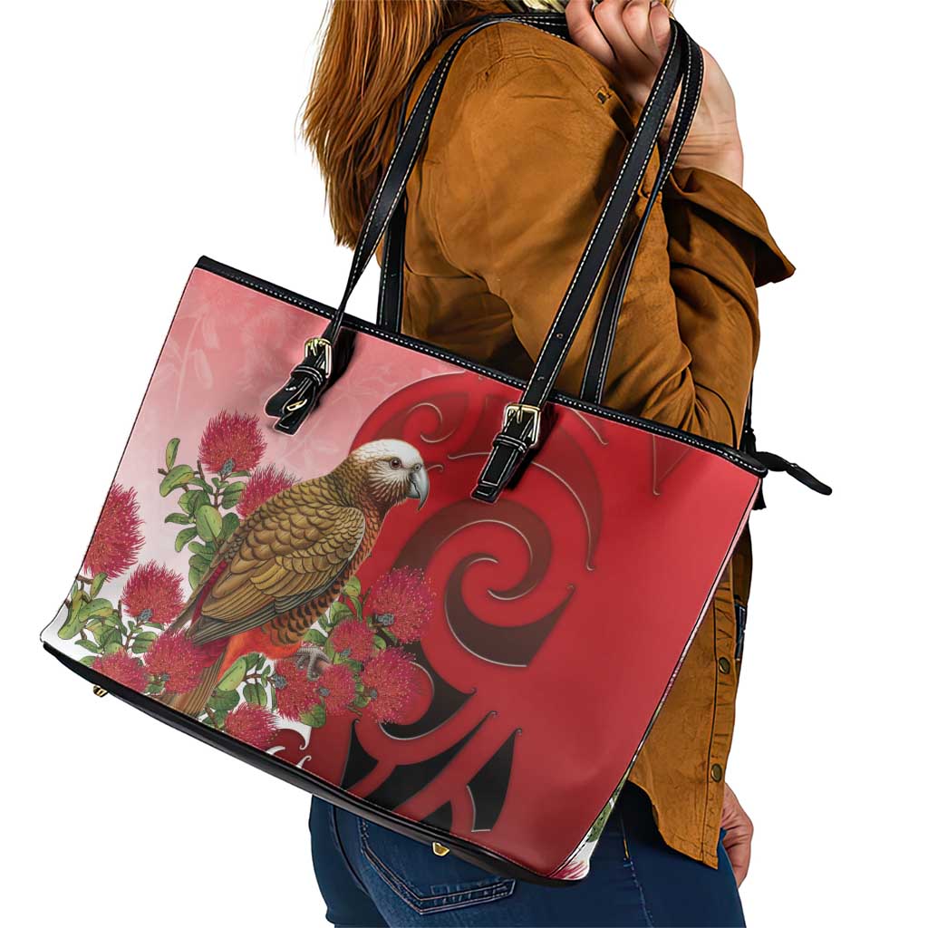 New Zealand Parrot Kaka Leather Tote Bag Maori Koru With Pohutukawa Flowers - Polynesian Pride