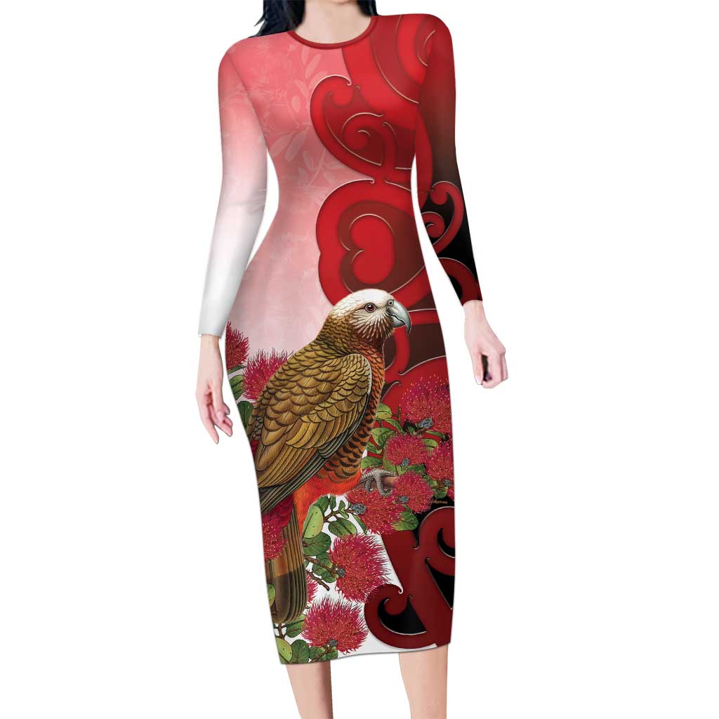 New Zealand Parrot Kaka Long Sleeve Bodycon Dress Maori Koru With Pohutukawa Flowers LT05 Long Dress Red - Polynesian Pride