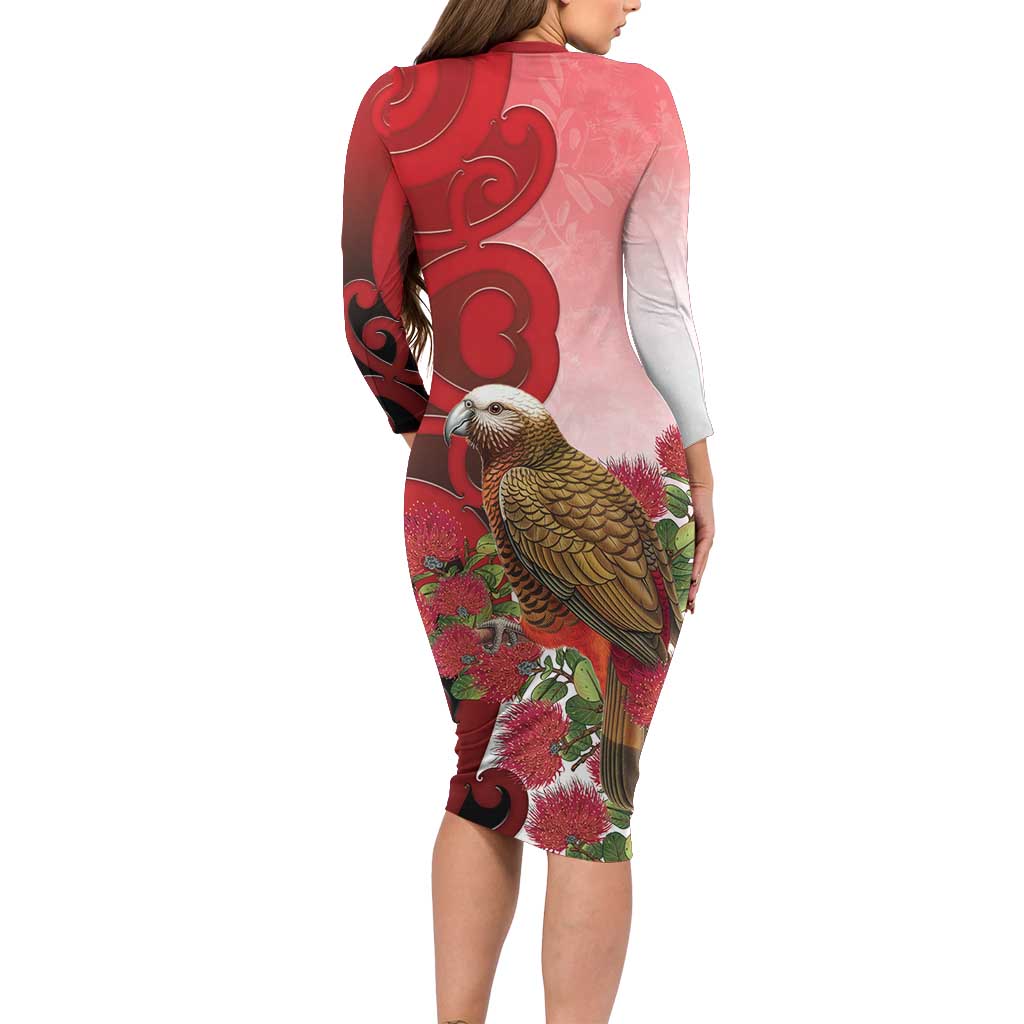 New Zealand Parrot Kaka Long Sleeve Bodycon Dress Maori Koru With Pohutukawa Flowers LT05 - Polynesian Pride