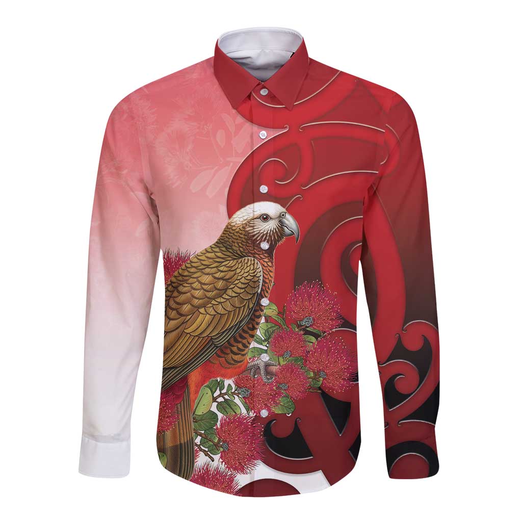 New Zealand Parrot Kaka Long Sleeve Button Shirt Maori Koru With Pohutukawa Flowers - Polynesian Pride