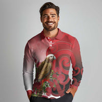 New Zealand Parrot Kaka Long Sleeve Polo Shirt Maori Koru With Pohutukawa Flowers - Polynesian Pride