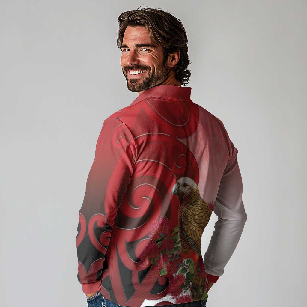 New Zealand Parrot Kaka Long Sleeve Polo Shirt Maori Koru With Pohutukawa Flowers - Polynesian Pride