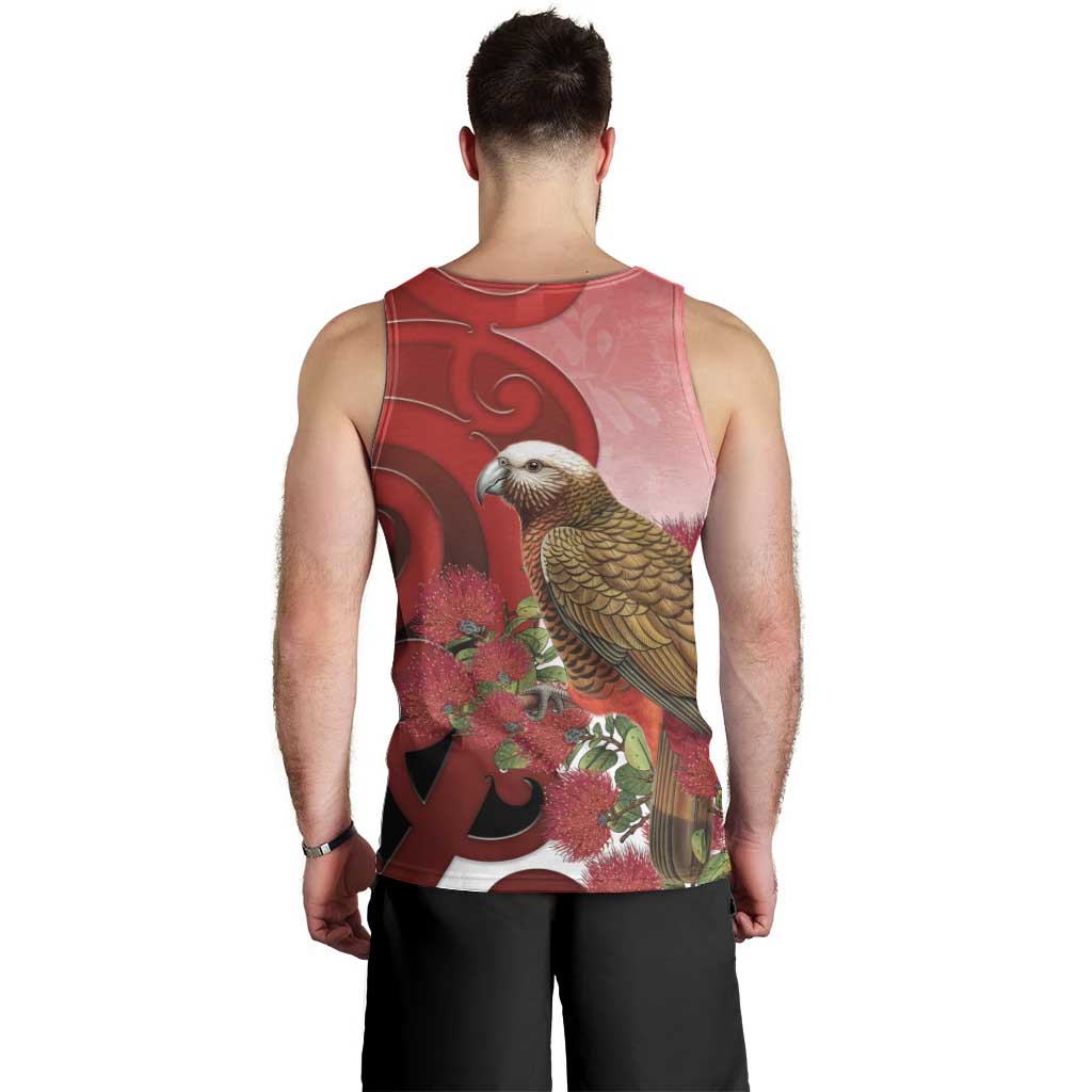 New Zealand Parrot Kaka Men Tank Top Maori Koru With Pohutukawa Flowers - Polynesian Pride