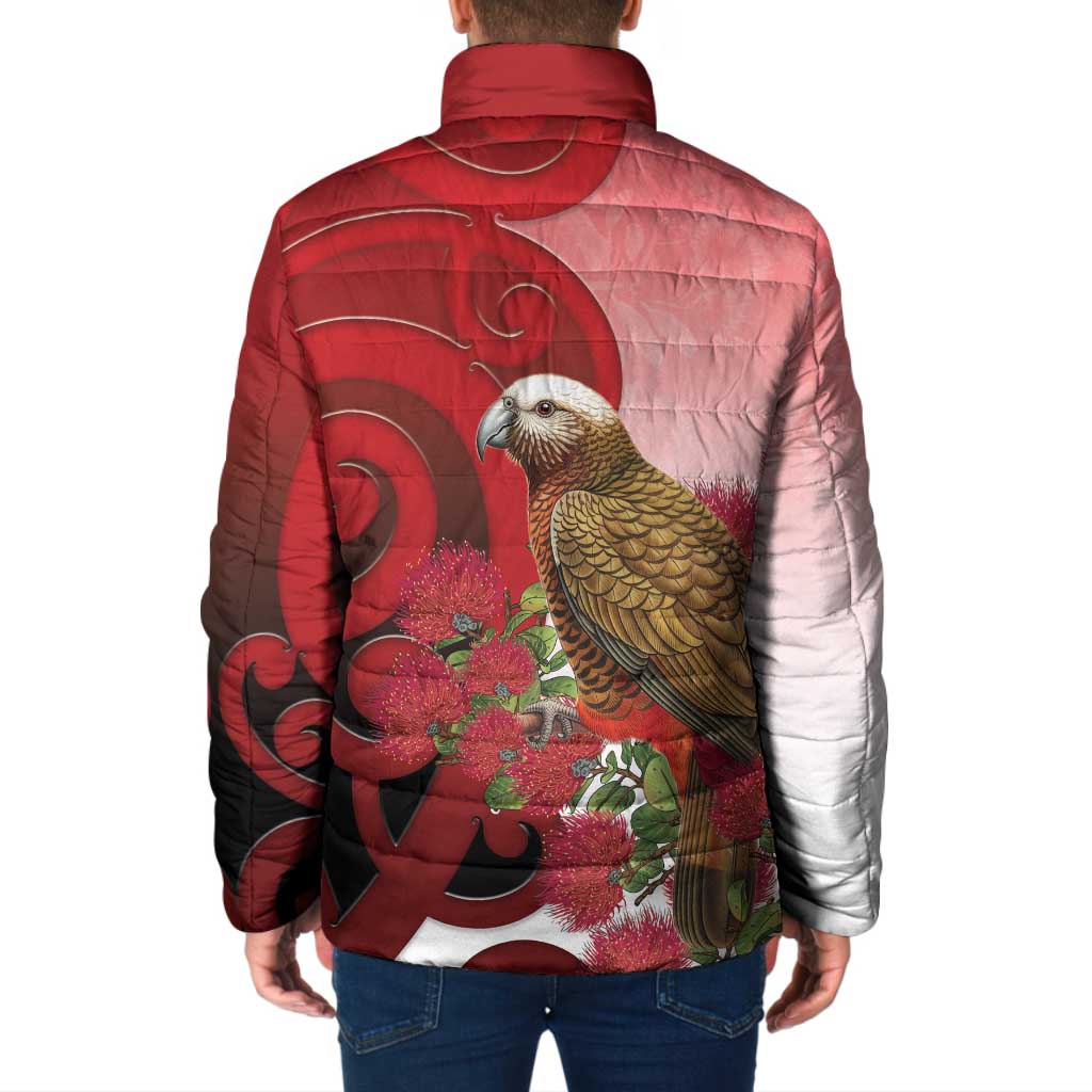 New Zealand Parrot Kaka Padded Jacket Maori Koru With Pohutukawa Flowers - Polynesian Pride