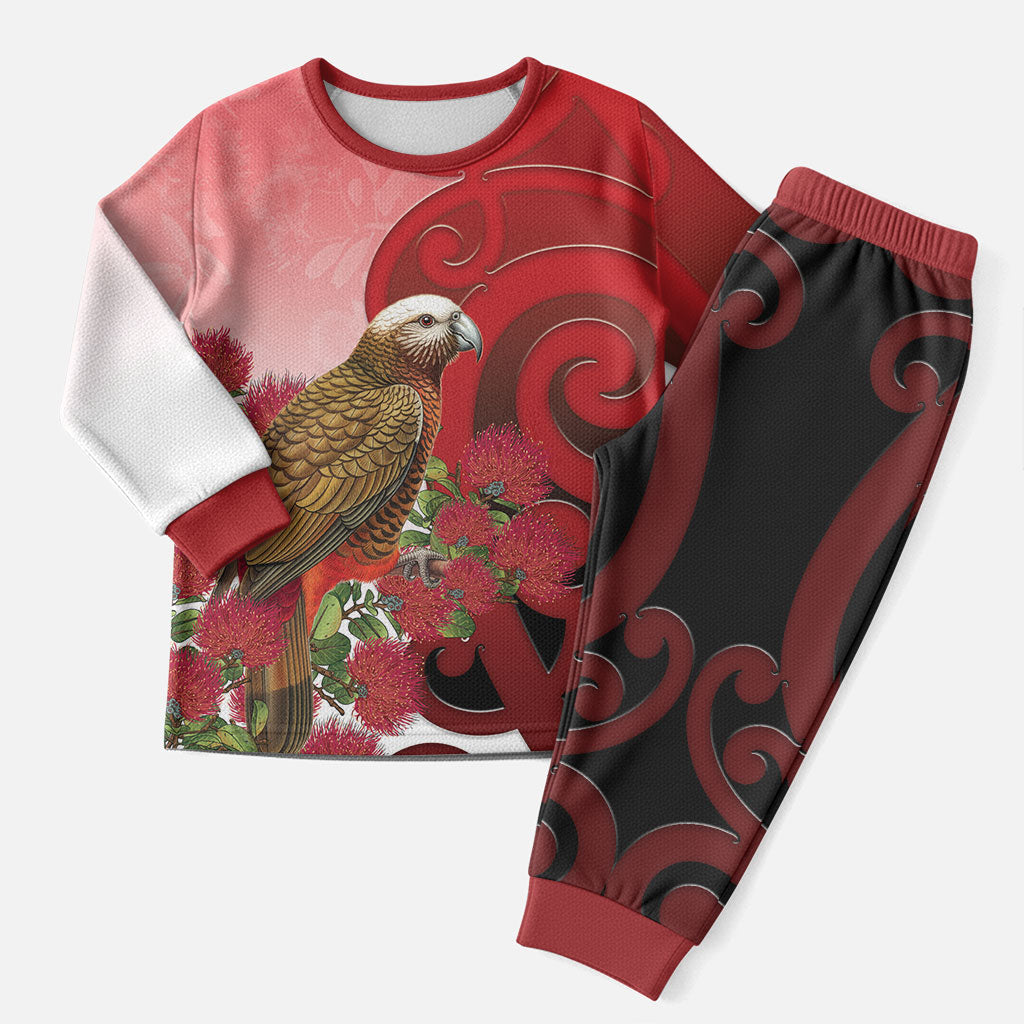 New Zealand Parrot Kaka Christmas Pajama Set Maori Koru With Pohutukawa Flowers LT05 Men Red - Polynesian Pride