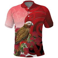 New Zealand Parrot Kaka Polo Shirt Maori Koru With Pohutukawa Flowers - Polynesian Pride