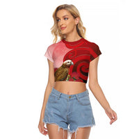New Zealand Parrot Kaka Raglan Cropped T Shirt Maori Koru With Pohutukawa Flowers - Polynesian Pride
