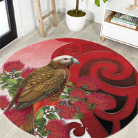 New Zealand Parrot Kaka Round Carpet Maori Koru With Pohutukawa Flowers - Polynesian Pride