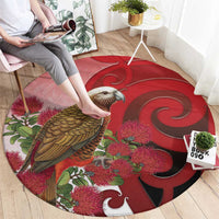 New Zealand Parrot Kaka Round Carpet Maori Koru With Pohutukawa Flowers - Polynesian Pride