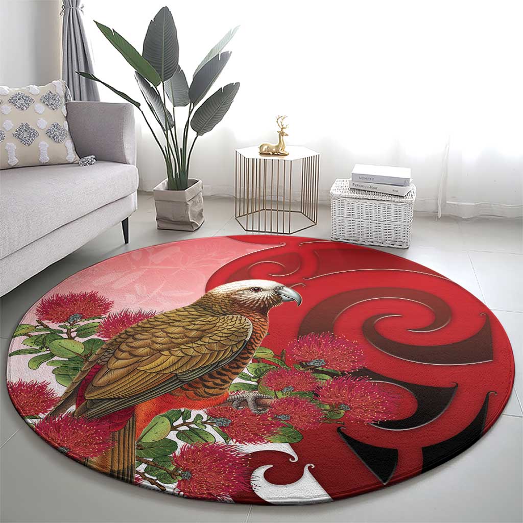 New Zealand Parrot Kaka Round Carpet Maori Koru With Pohutukawa Flowers - Polynesian Pride