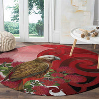 New Zealand Parrot Kaka Round Carpet Maori Koru With Pohutukawa Flowers - Polynesian Pride