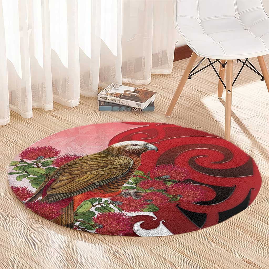 New Zealand Parrot Kaka Round Carpet Maori Koru With Pohutukawa Flowers - Polynesian Pride
