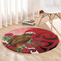 New Zealand Parrot Kaka Round Carpet Maori Koru With Pohutukawa Flowers - Polynesian Pride