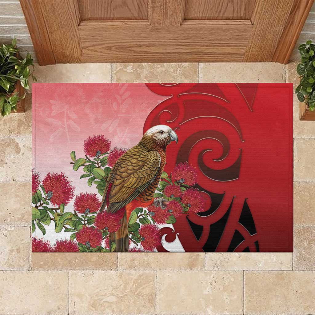 New Zealand Parrot Kaka Rubber Doormat Maori Koru With Pohutukawa Flowers - Polynesian Pride