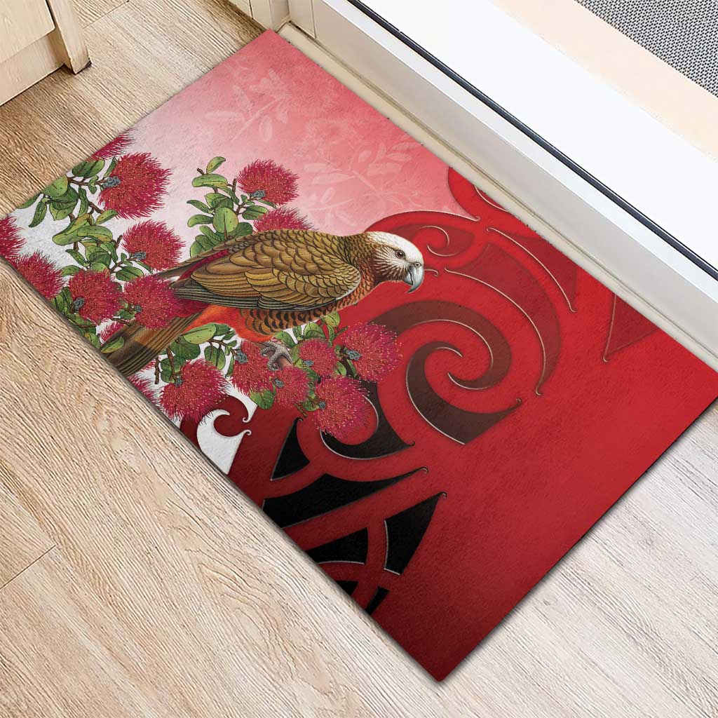 New Zealand Parrot Kaka Rubber Doormat Maori Koru With Pohutukawa Flowers - Polynesian Pride