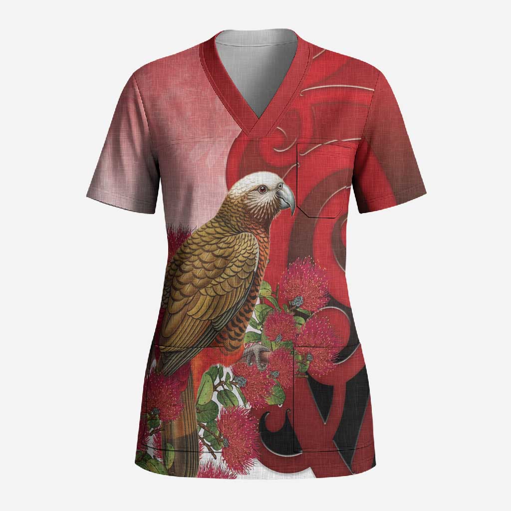 New Zealand Parrot Kaka Scrub Top Maori Koru With Pohutukawa Flowers - Polynesian Pride