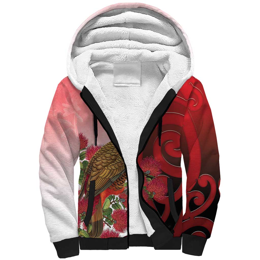 New Zealand Parrot Kaka Sherpa Hoodie Maori Koru With Pohutukawa Flowers LT05 Unisex Red - Polynesian Pride