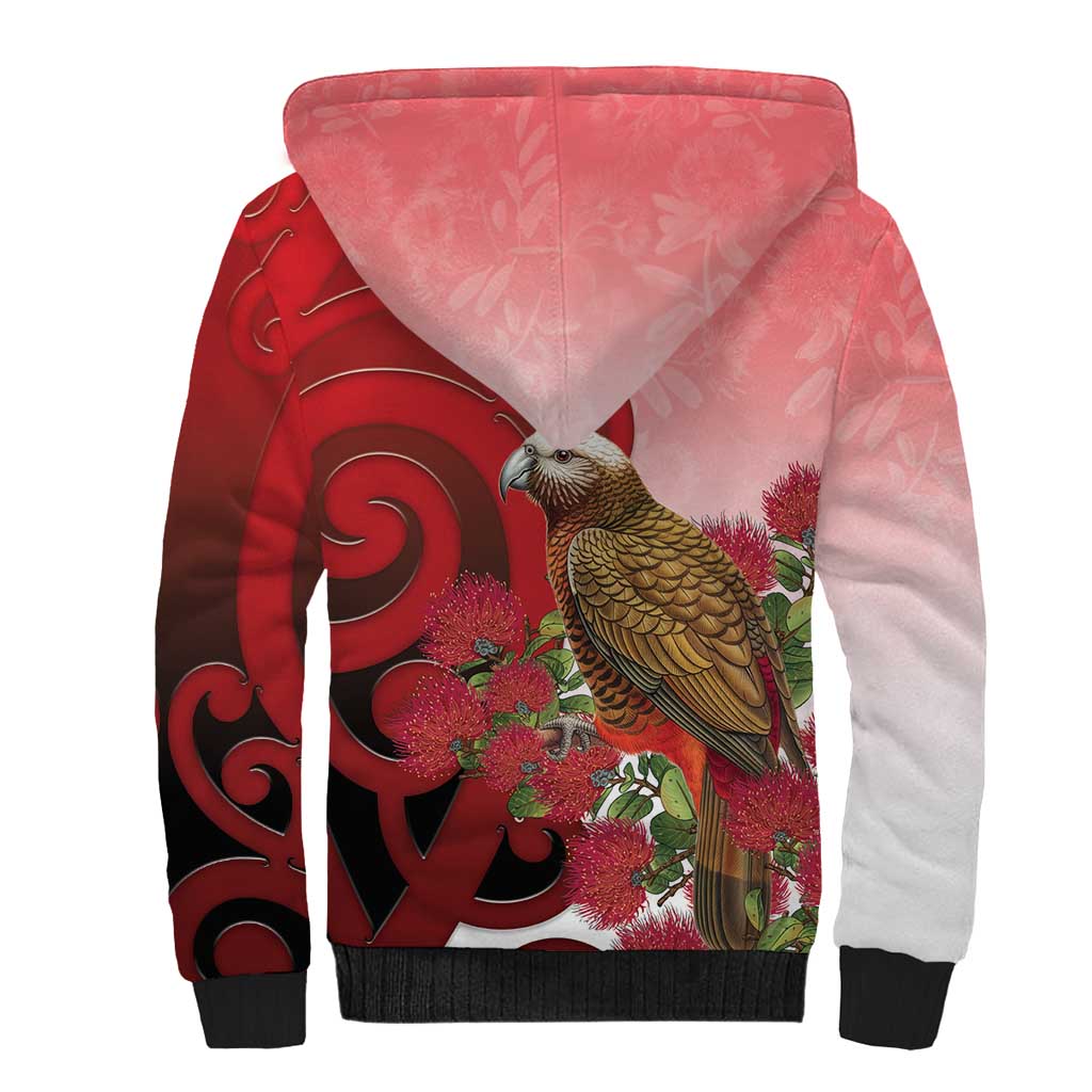 New Zealand Parrot Kaka Sherpa Hoodie Maori Koru With Pohutukawa Flowers LT05 - Polynesian Pride