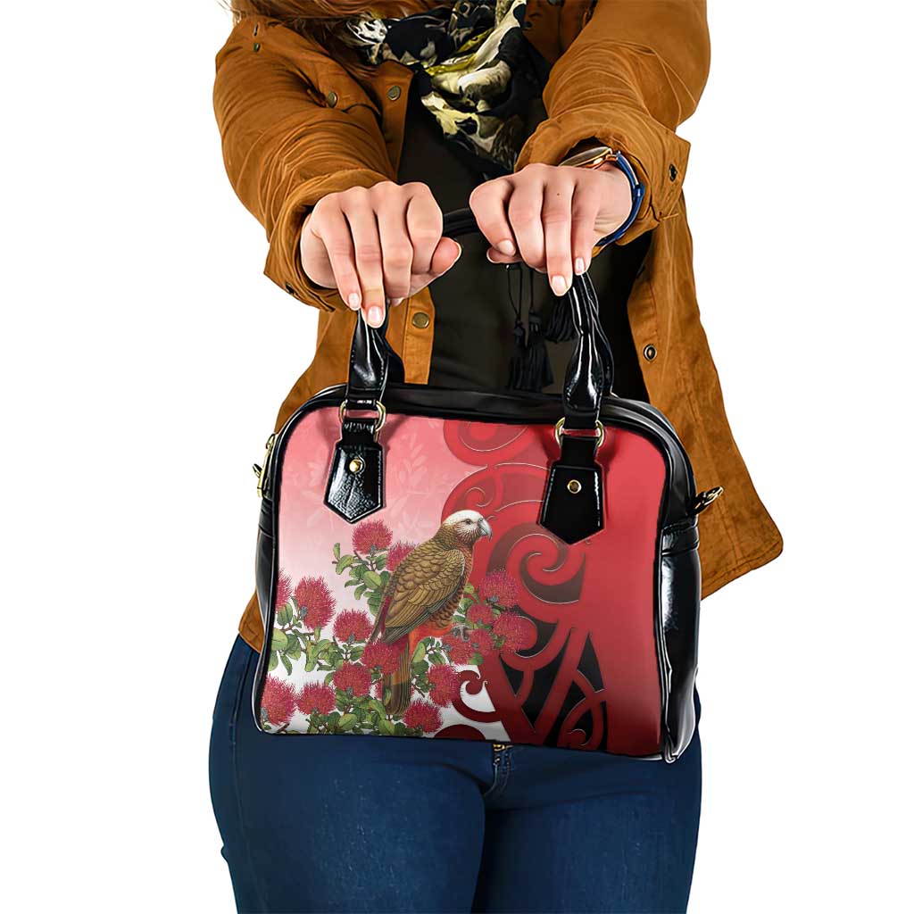 New Zealand Parrot Kaka Shoulder Handbag Maori Koru With Pohutukawa Flowers - Polynesian Pride