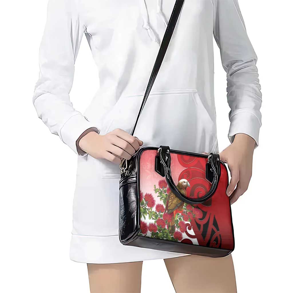 New Zealand Parrot Kaka Shoulder Handbag Maori Koru With Pohutukawa Flowers - Polynesian Pride