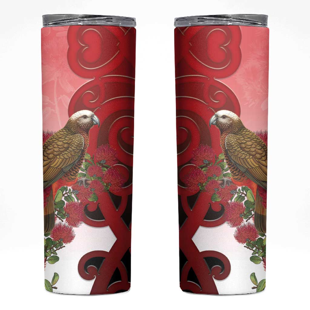 New Zealand Parrot Kaka Skinny Tumbler Maori Koru With Pohutukawa Flowers LT05 Red - Polynesian Pride