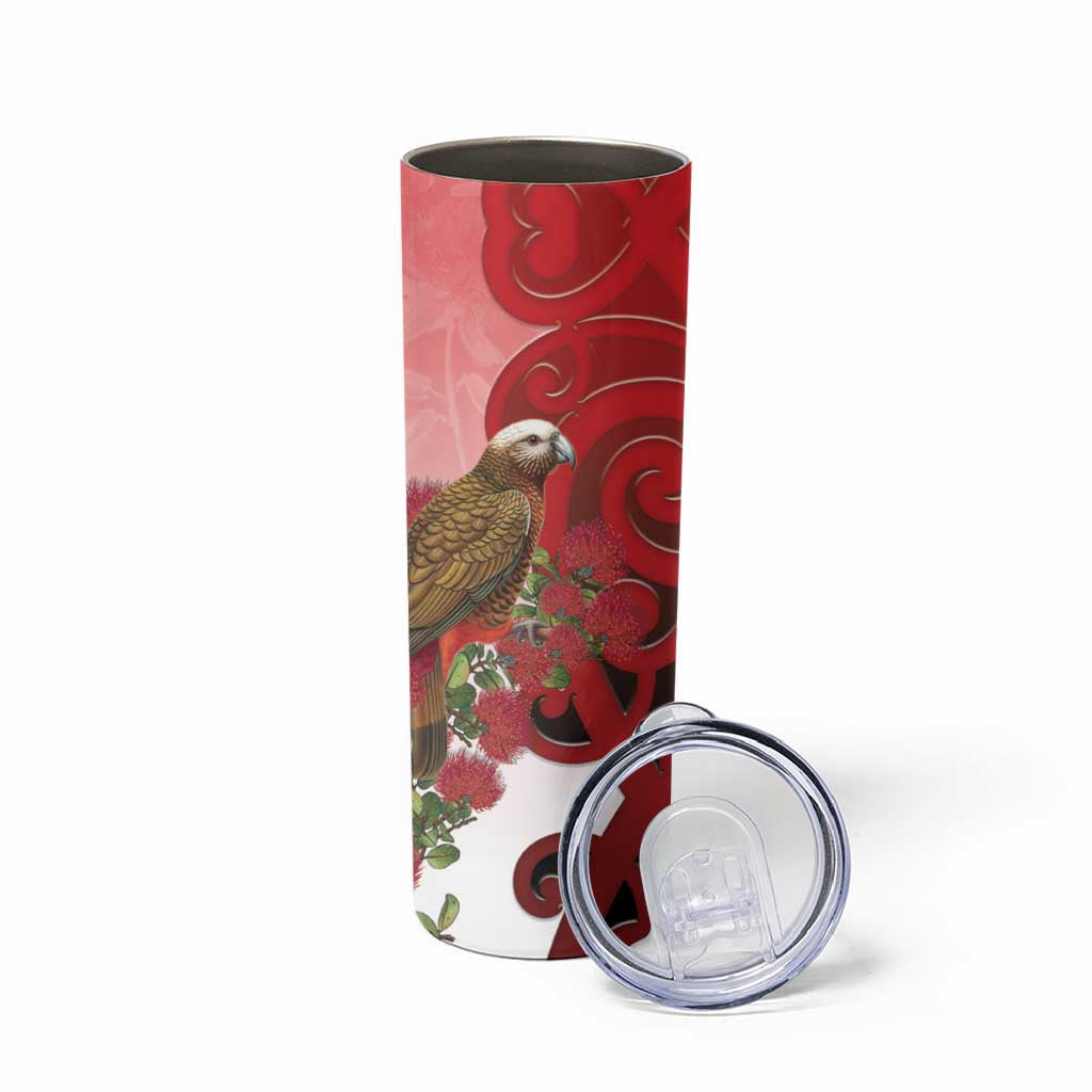 New Zealand Parrot Kaka Skinny Tumbler Maori Koru With Pohutukawa Flowers LT05 - Polynesian Pride